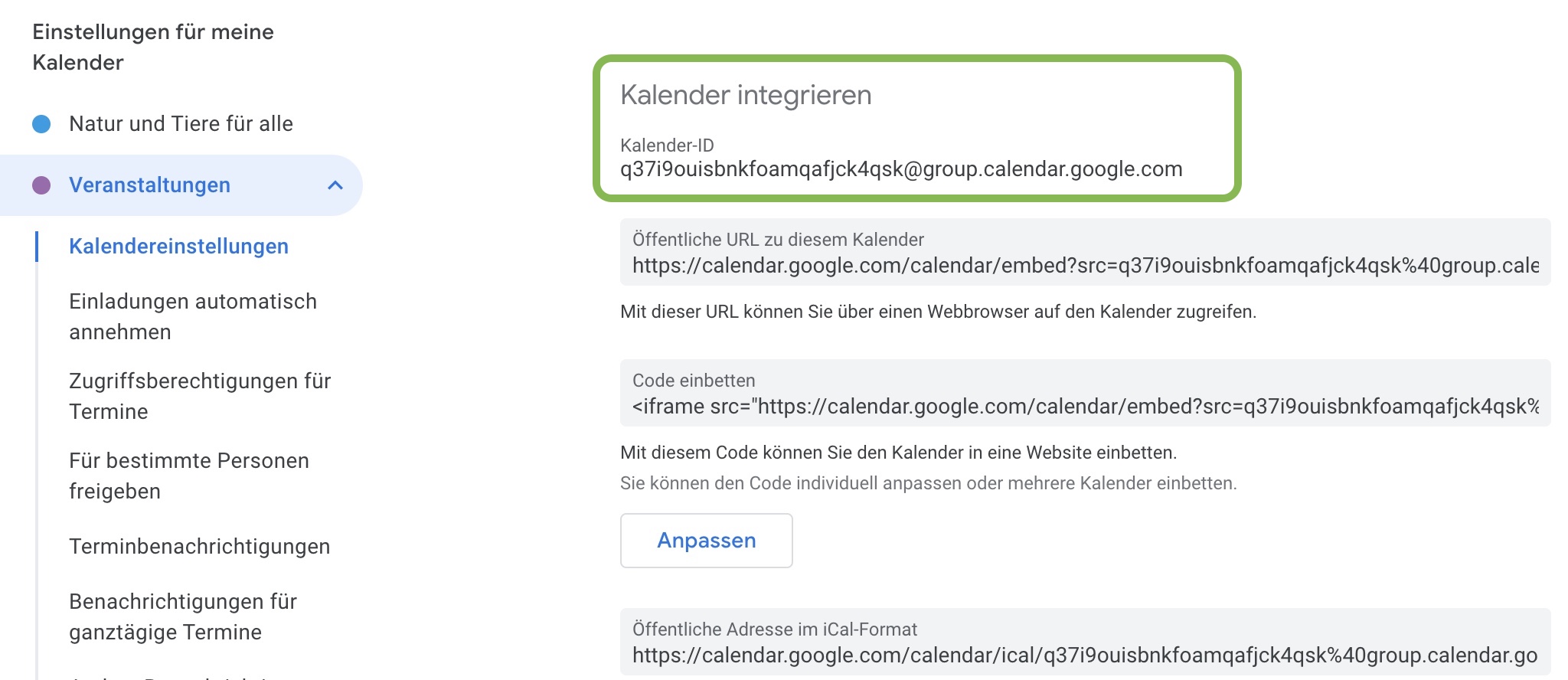 Google Kalender ID finden